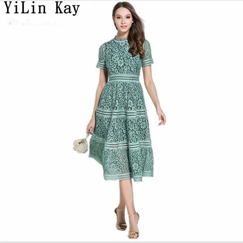 YiLin Kay зеленое/Розовое Кружевное вышитое летнее платье 2019 модное подиумное