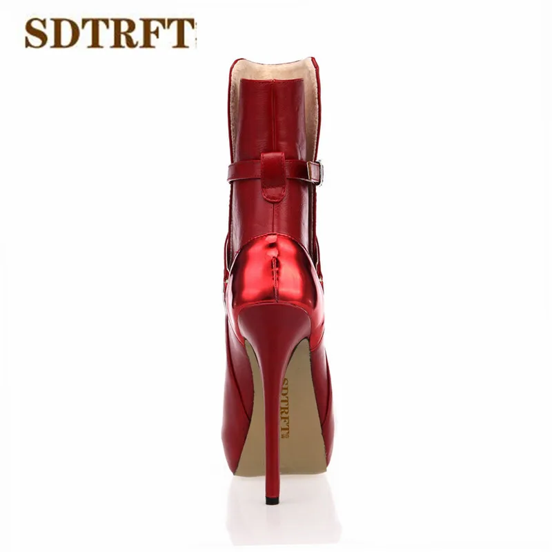 SDTRFT Spring Autumn platforms Stilettos 14cm thin heels Ankle martin boots Red Buckle wedding shoes Woman Botas Round Toe pumps | Обувь