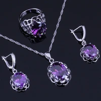 gracious oval egg purple cubic zirconia silver plated jewelry sets earrings pendant chain ring v0274