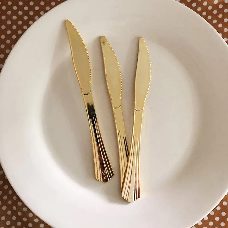 Shape B Knife Блестящая золотая посуда пластиковая одноразовая набор вилки, ножи, ложки сверхмощный пластиковый набор столовых приборов свадебные принадлежности - Цвет: Shape B Knife