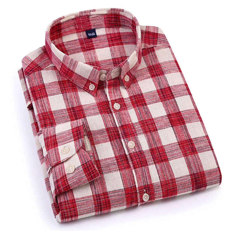 Spring Autumn Fashion Plaid Shirt Men 100% Cotton Long Sleeve Red Buffalo Check Linen Style Casual Shirts Slim Fit | Мужская одежда