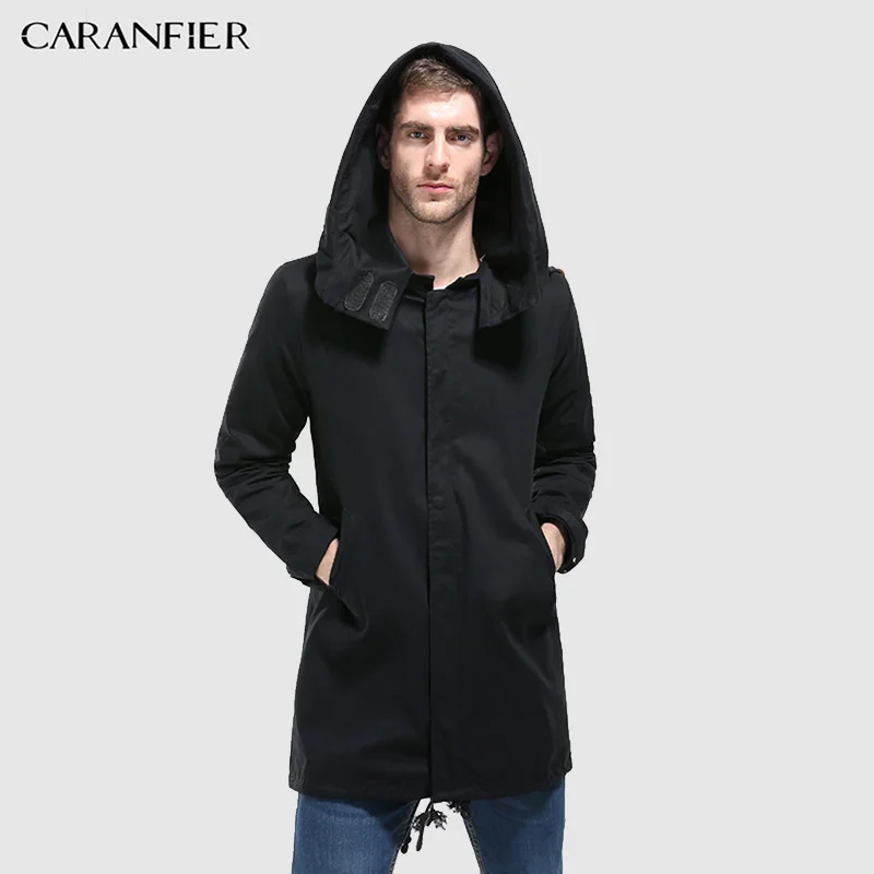 CARANFIER мужские толстовки с капюшоном мужские куртки, пальто Зимняя модная однотонная куртка Осенняя Повседневная Уличная Мужская Средняя/Длинная ветровка с шапкой