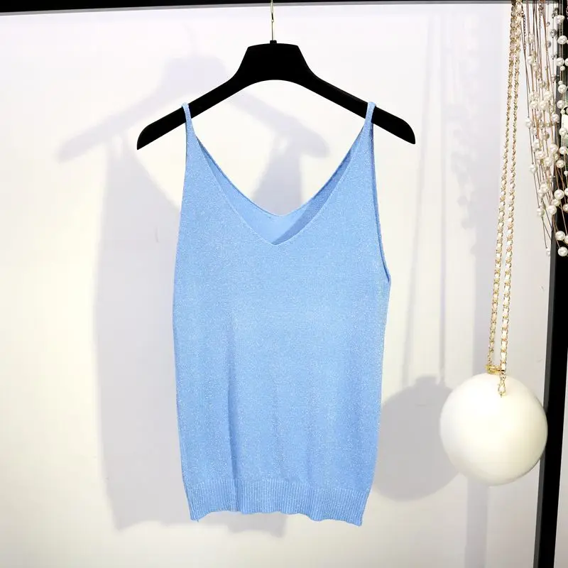D00356 sky blue 17 цветов новая весенняя Сексуальная ВЯЗАНАЯ МАЙКА с бретельками Женская тонкая однотонная Серебряная футболка с v-образным вырезом женская укороченная Повседневная накидка без рукавов Блузка - Цвет: D00356 sky blue