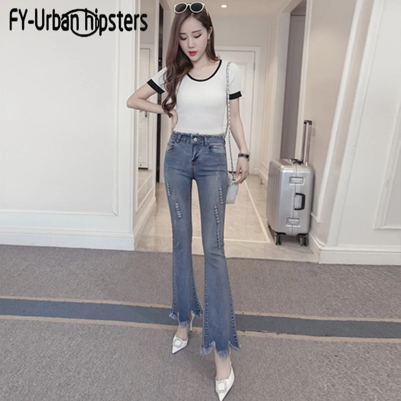 Женские эластичные джинсы клеш до щиколотки брюки с высокой талией джинсовые