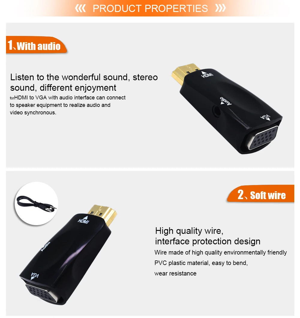 TISHRIC HDMI TO VGA Adapter Digital TO Analog Audio Converter With Audio Cable Support HD 1080P For Laptop TV Box Projector