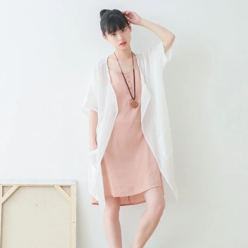 Летняя женская блузка из хлопка и льна свободная солнцезащитная одноцветная