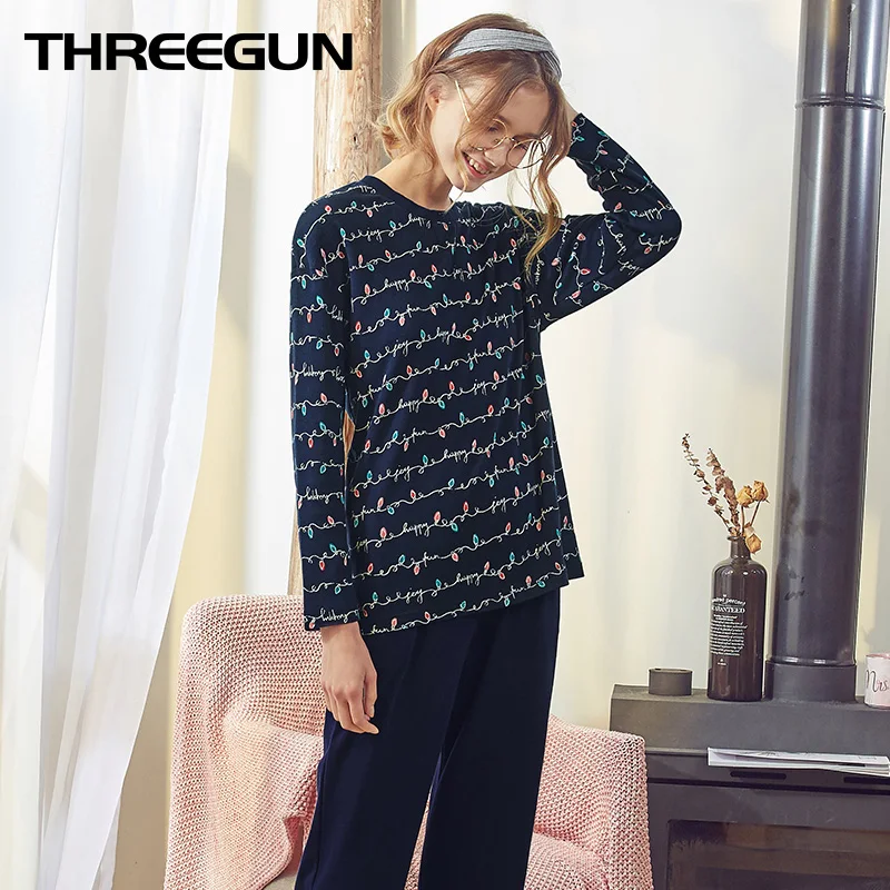 THREEGUN 2019 новые пижамные комплекты с длинным рукавом весна осень длинный Пижамный