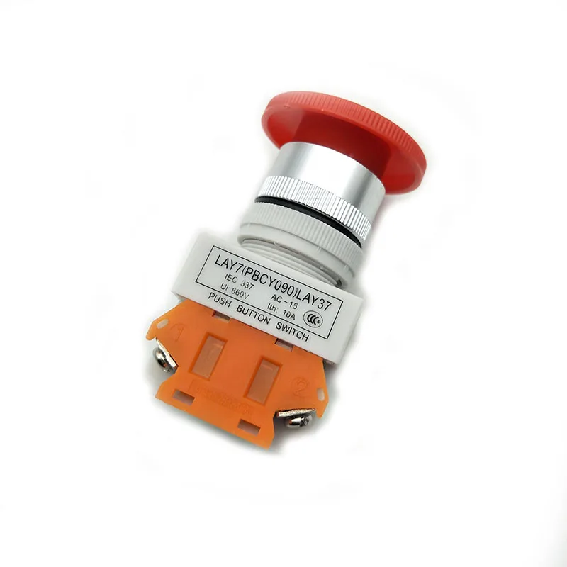 Кнопка аварийной остановки с мушкетоном самозапирающаяся, один НО контакт и один НЗ контакт, номинальное напряжение 660 В, номинальный ток 10 А, диаметр монтажного отверстия 22 мм, вращающийся сброс - выключатель машины.