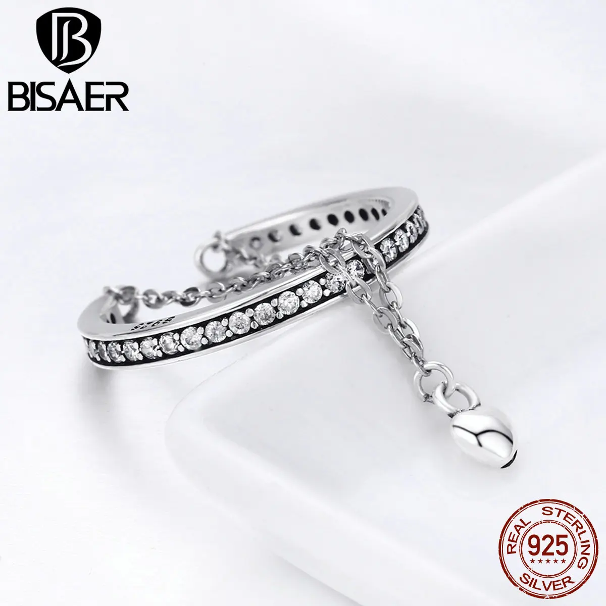 BISAER 100% 925 пробы серебро прозрачный CZ Двойная Цепочка в форме сердца Висячие