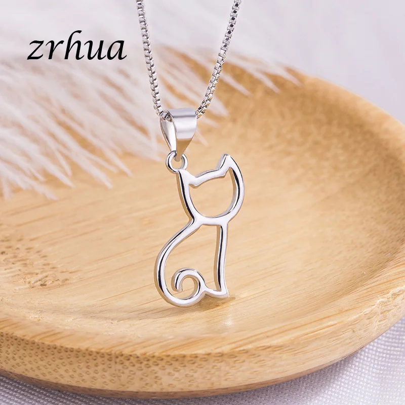 ZRHUA, 925 пробы, Серебряное колье, ожерелье для женщин, девушек, милое, пустотелое, в форме кошки, Очаровательное ожерелье s Fine S925 Jewlry