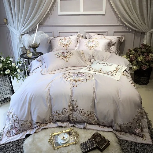 bedding set 1 Роскошный серый Египетский хлопковый комплект постельного белья queen king size простыня/простыня с вышивкой, пододеяльник, постельный комплект parure de lit - Цвет: bedding set 1