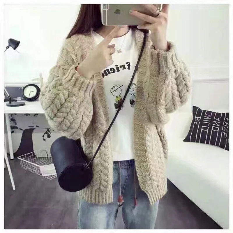 Женский свитер вязаный кардиган Однотонный зима 2019 |