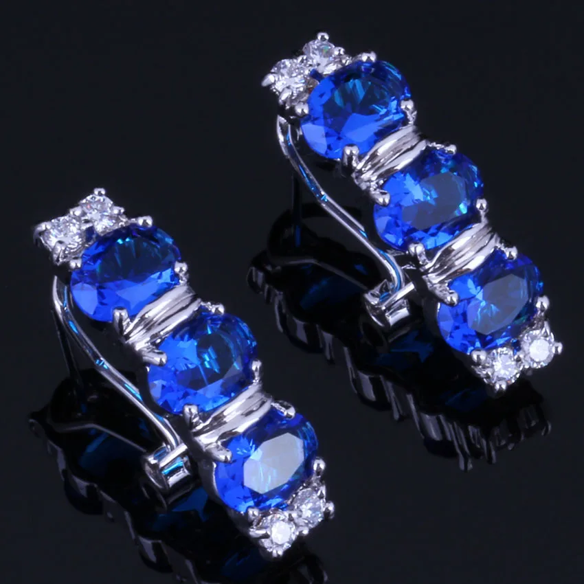 

Clean Oval Blue Cubic Zirconia White CZ Silver Plated Clip Hoop Huggie Earrings V0918