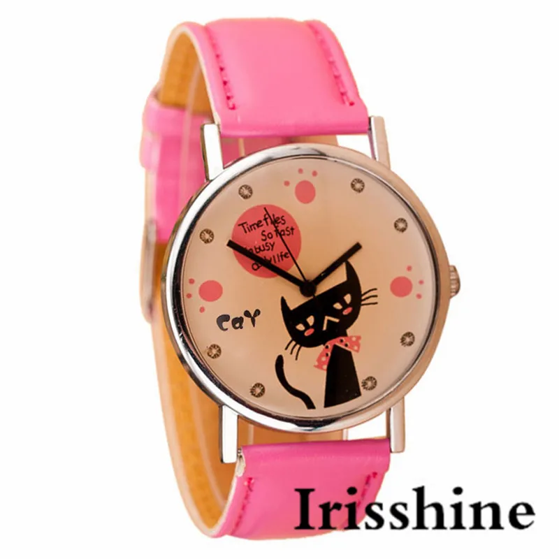 Irisshine i0802 женские часы леди MS девушки студентов Повседневная шкала со стрелкой прекрасный кот PU Кожаный ремешок кварцевые наручные часы в подарок