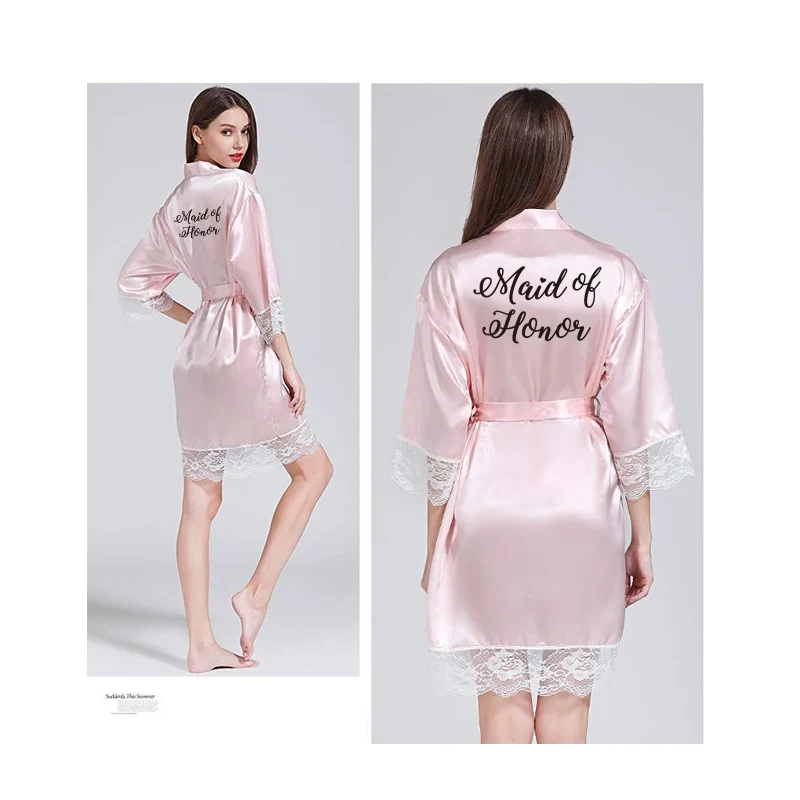 Pink Maid of Honor Кружевное Сексуальное Женское ночное белье плюс размер свадебное кимоно атласное шелковое женское халаты подружек невесты персонализированное имя - Цвет: Pink Maid of Honor