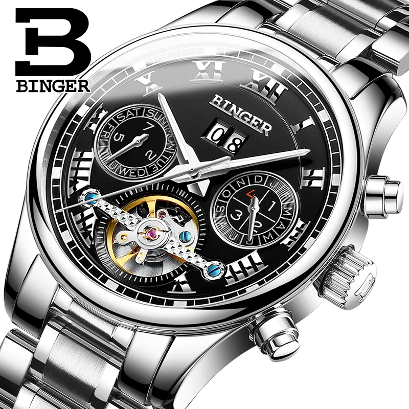 

Automatic Watch Luxury Men's Watche BINGER Brand Mechanical Wristwatches Skeleton Clock Full Stainless Steel relogio masculino