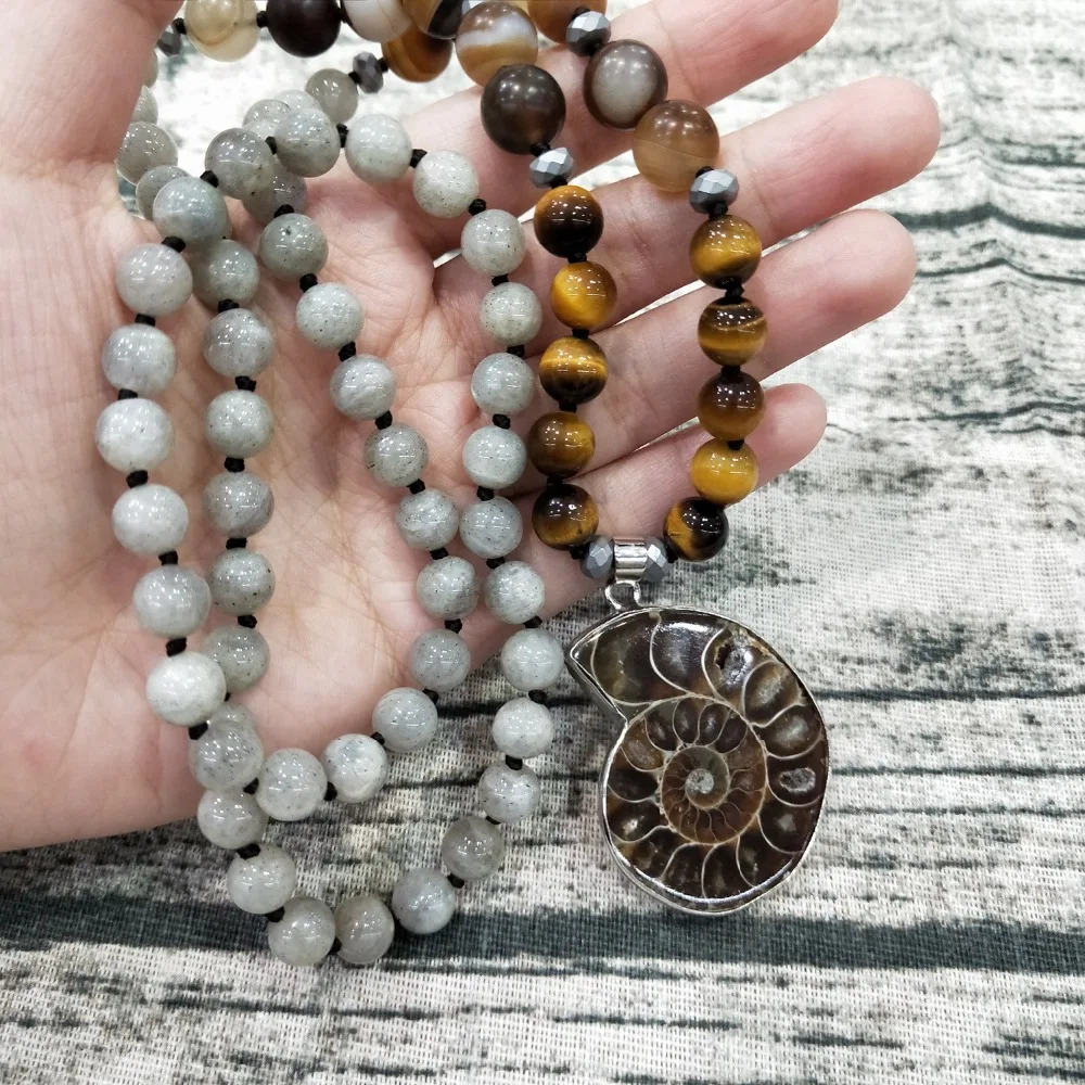 

Lii Ji Natural Ammonite Pendant Labradorite Tiger's Eye Agate Pendant Bohemia Long Necklace Hand Made Jewelry Drop Shipping