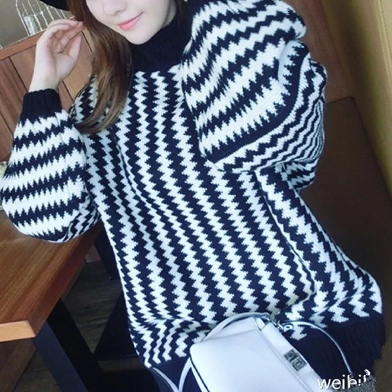 Chic негабаритных Для женщин Черный и белый полосатый водолазка толстый длинный