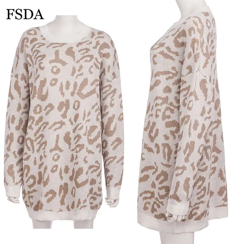 FSDA O Neck Long Sleeve Leopard Sweater Knitted Winter Spring Oversized Casual Green Pink Office Women Pullovers | Женская одежда