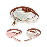 cute bowknot pets dog collars floral print pu leather adjustable small medium cat dogs bandana collars leashes set pet necklace