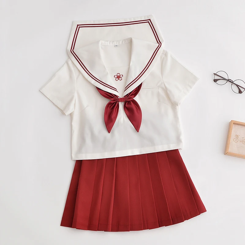 Свитани Японская школа JK красный и белый Униформа вишневый цвет printSailor костюм