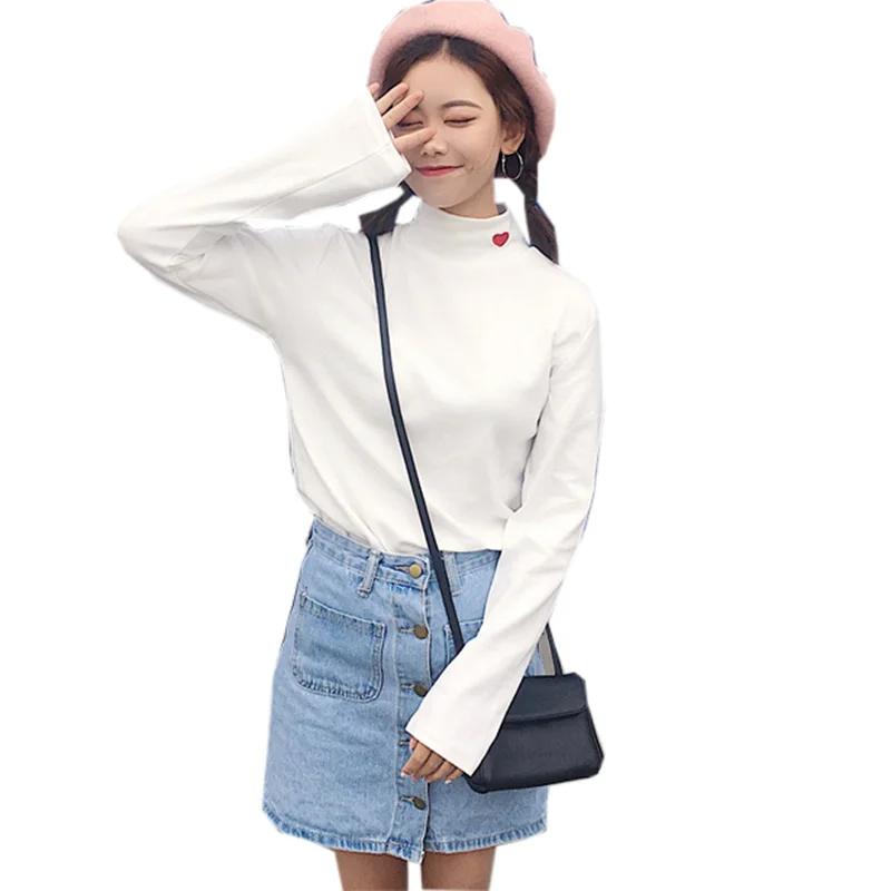 

Women T-shirts 2019 New Spring Autumn Turtleneck Long Sleeve Bottoming Shirts Female Casual Black White Tees T-shirts FP0496
