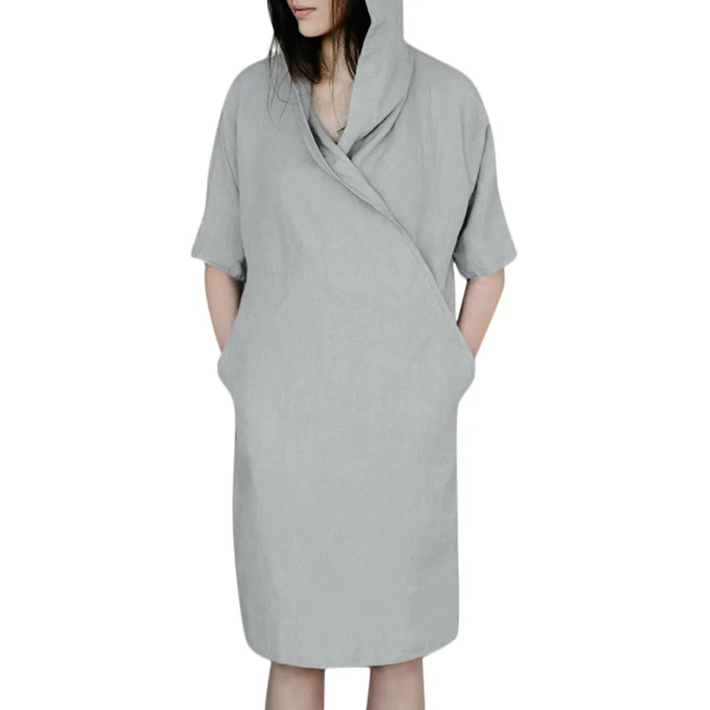 Летнее женское платье 2019 с коротким рукавом из хлопка и льна капюшоном свободные