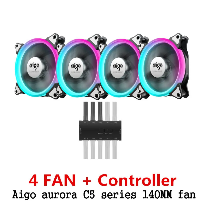 4 fans and Remote Aigo aurora C5 радужные огни разноцветные RGB регулируемый цветной вентилятор 140 мм светодиодный ПК Компьютер охлаждающий кулер бесшумный чехол контроллер вентилятора - Цвет лезвия: 4 fans and Remote