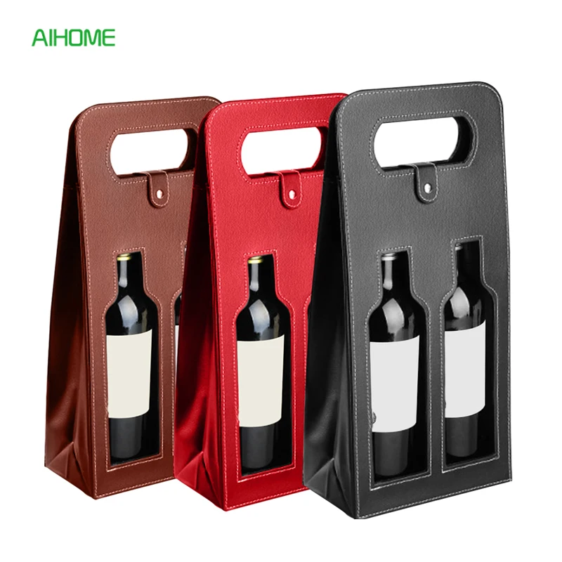 

Fashionable Faux Leather Wine Bottle Carry Bag Packaging Bags Double Wine Bottle Gift Bag
