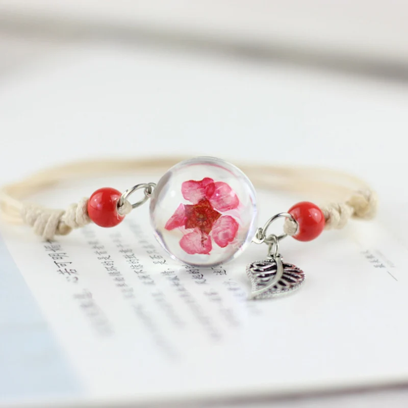 Red Peach Blossom 1 шт., распродажа, подарок, браслет, браслеты, для женщин, счастливый, Гипсофила, трава, регулируемый, высушенный цветок, ювелирное изделие, стекло - Окраска металла: Red Peach Blossom