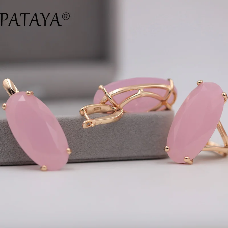 PATAYA, новинка 585, розовое золото, ювелирные наборы, Овальный искусственный кубический циркон, большие серьги висюльки, кольца, наборы для женщин, винтажный ювелирный набор