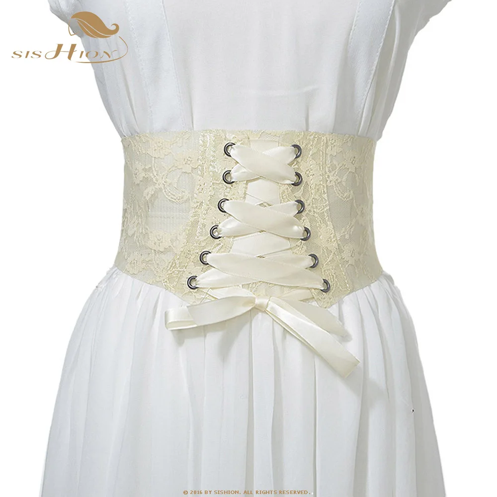 Beige SISHION Модный Корсет Пояс для женщин прозрачный кружевной широкий пояс для женщин бант ткачество ретро широкий пояс с пряжкой SP0239 - Цвет: Beige