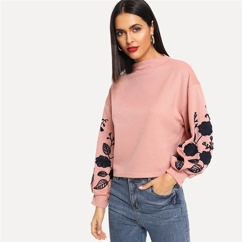 Dotfashion розовый женский пуловер с цветочной вышивкой на плече, повседневный осенний свитер с воротником-хомутом