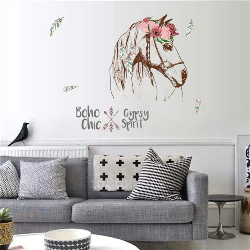 New Decorative Painting BedroomLiving room TV Wall Decoration Stickers Mural Red flower horse creative wall sticker @C | Дом и сад
