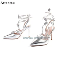 silvery stars pointed toe women leather gladiator thin high heel sandals summer wedding party shoes ankle strap sandalias