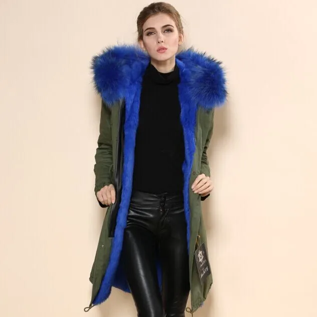 Темно-зеленая женская зимняя пуховая модная синяя шапка длинная парка высшего