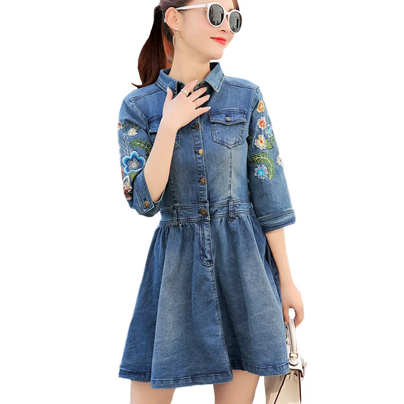 2017 Denim Dress Плюс Размер Женщин Туника Тонкий Вышивка Летний Стиль С Коротким