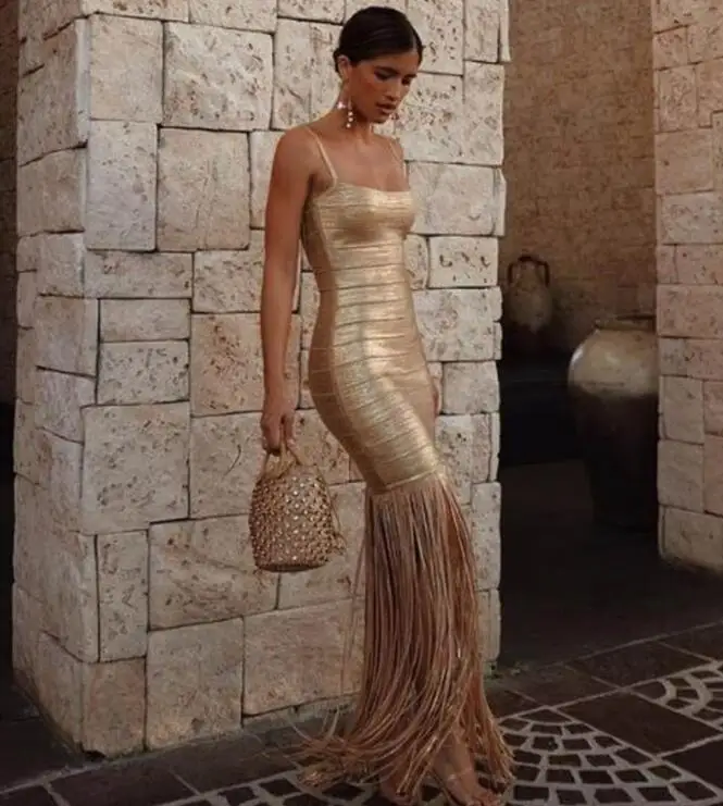 

Высококачественное длинное Бандажное платье из вискозы с золотыми вставками и кисточками, элегантное вечернее праздничное платье