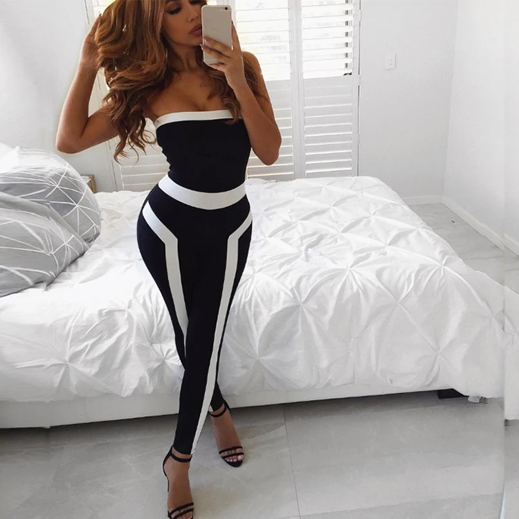 See Orange Black White Bodycon Bandage Strapless Jumpsuits 2017 Autumn Women Sexy Elastic Spandex  Long Pants Trouser Rompers