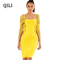 qili white black yellow pink dress hollow out cut out flare sleeve bodycon dresses square collar solid summer dress for women