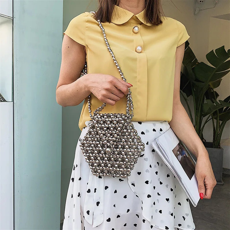 Women Hand-woven Pearl Bag Fashion Beaded Shoulder Large Capacity Ladies Handbag Banquet Phone Crossbody Bags Bead bags | Багаж и сумки