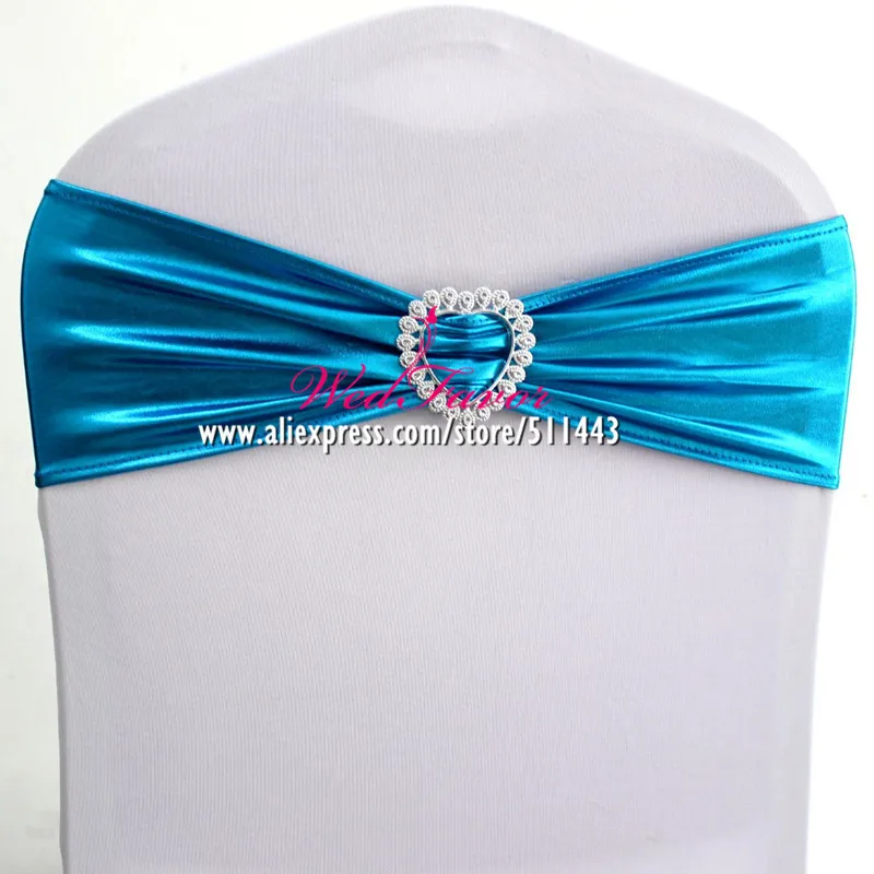 Turquoise 100 шт блестящая бронзовая эластичная лайкра стул Бант пояс металлик золото спандекс стрейч повязка на стул с пряжкой сердце для свадебного мероприятия - Цвет: Turquoise
