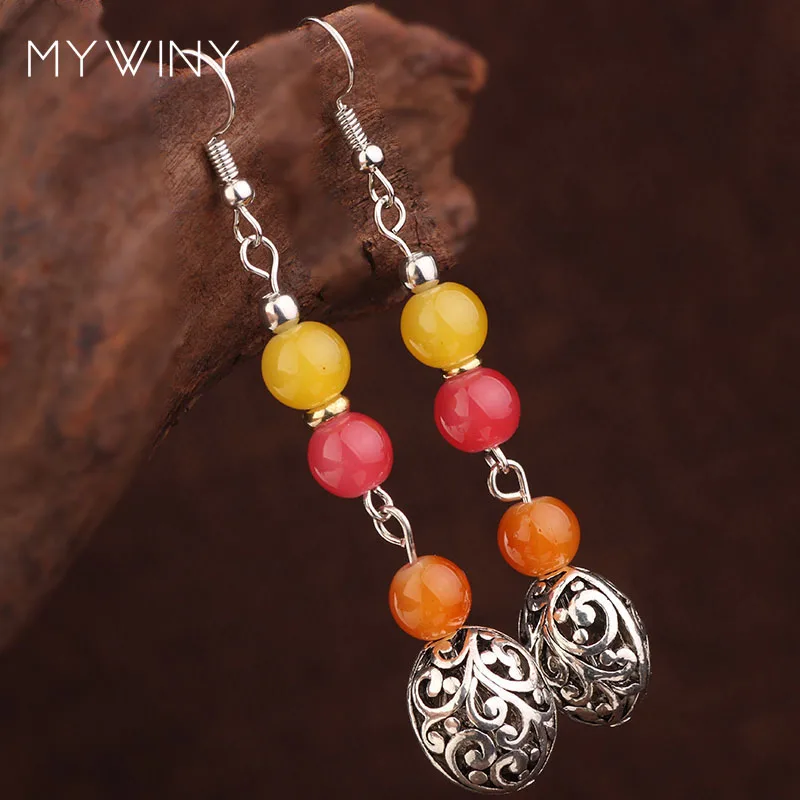 Женские ажурные серьги подвески с натуральными камнями в этническом