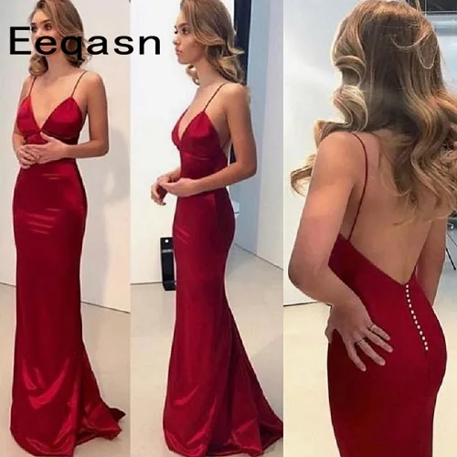 as picture Vestidos de fiesta элегантные длинные стрейч атласные Выпускные платья Burgundy сексуальные с низким вырезом на спине; с тонкими лямками Женские официальные платья - Цвет: as picture