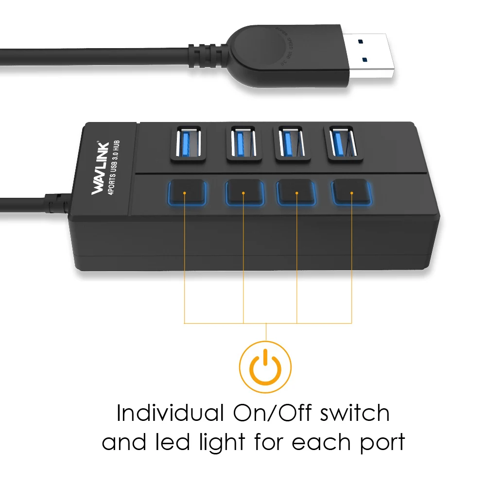 Wavlink 4 порта USB3.0 концентратор Высокоскоростной 5 Гбит/с usb-хаб с индивидуальным переключателем вкл/выкл usb-хаб сплиттер адаптер для Windows ноутбука ПК