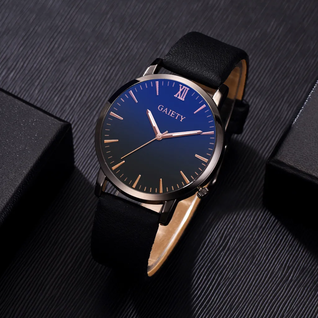 Модные простые мужские часы наручные с синим стеклом деловые кварцевые