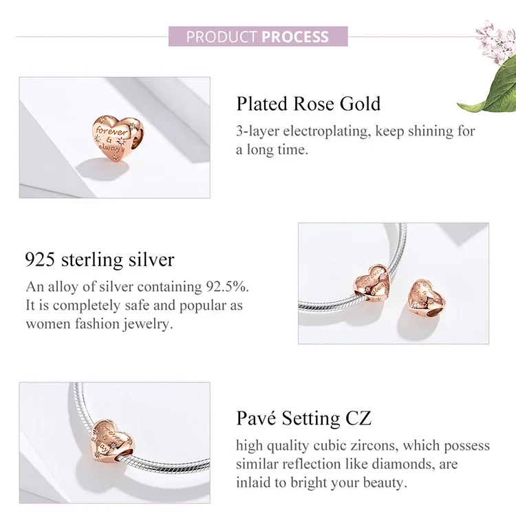 BISAER Genuine 925 Sterling Silver Heart Shape Beads Charms Fit For Women Bracelets Rose Gold Color Jewelry Making HSC1223