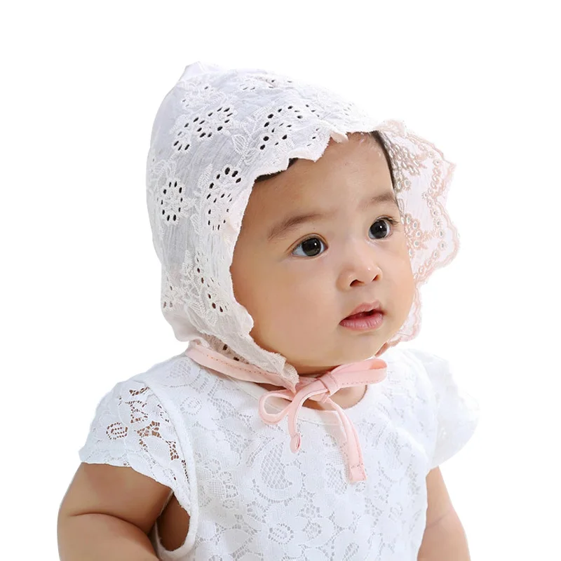 Pink flower baby hat Милая Кружевная шляпка для девочки, для новорожденных, Fotografia, белая, розовая, летняя детская шляпка, детская шапочка, аксессуары для новорожденных до 12 месяцев - Цвет: Pink flower baby hat