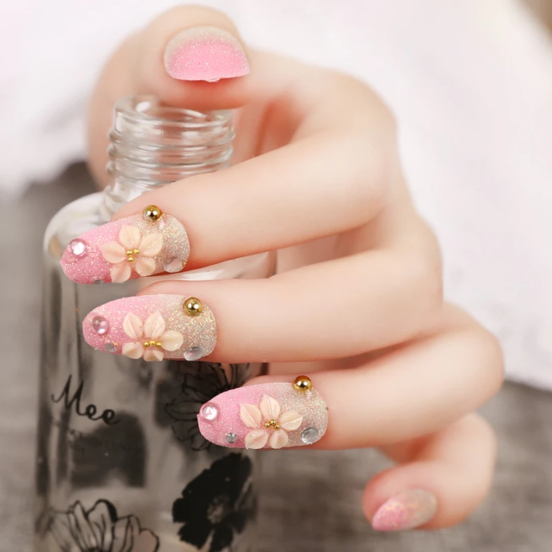 24 шт. накладные ногти с розовым цветком полное покрытие стразы|nail artificial|full cover nail