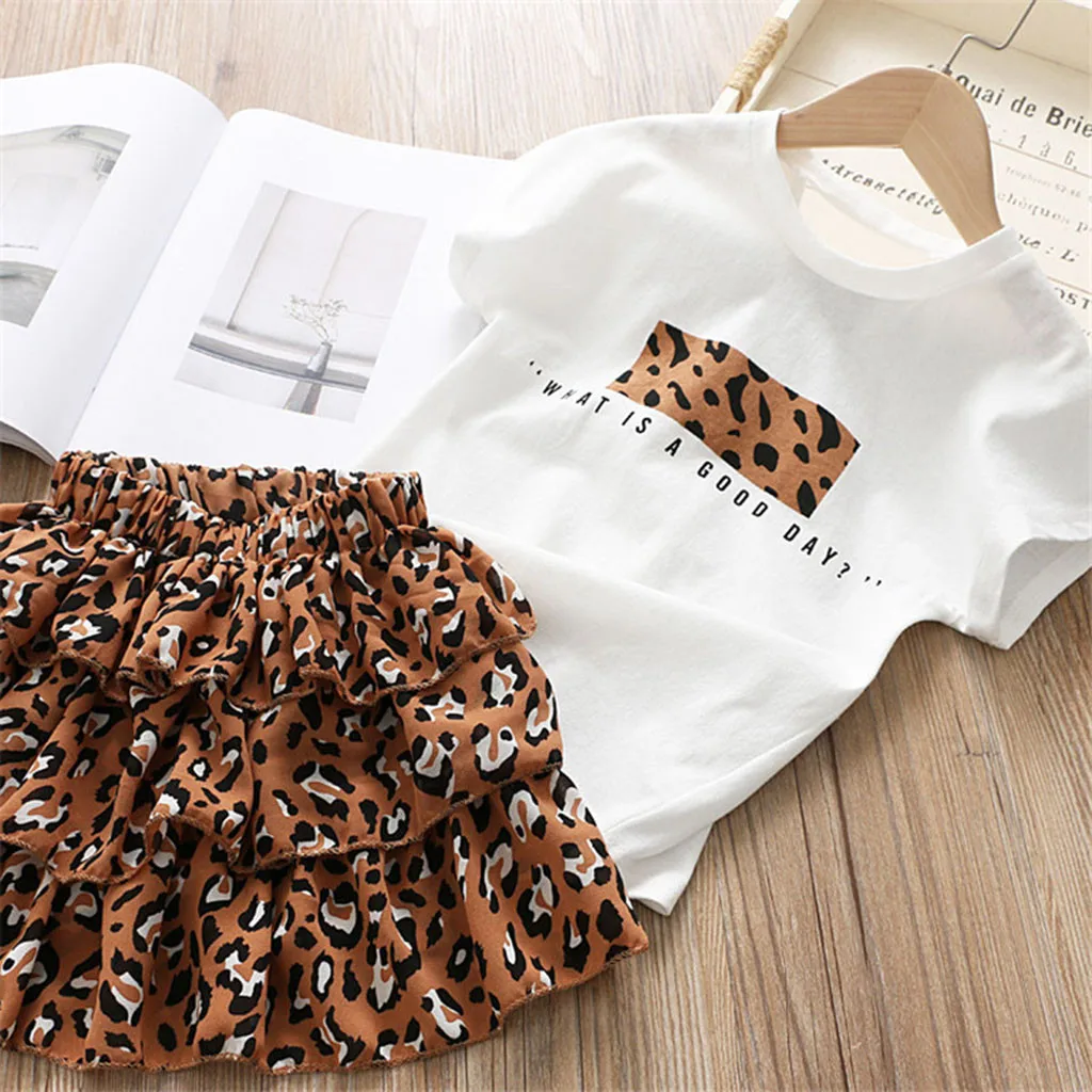 Toddler Kid Baby Girls Outfits Clothes Letter T-Shirt Top+Leopard Cake Skirt Set | Детская одежда и обувь